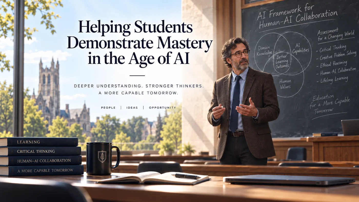 A professor teaching in front of a chalkboard sketch of an AI framework for human-AI collaboration, beside the title Helping Students Demonstrate Mastery in the Age of AI